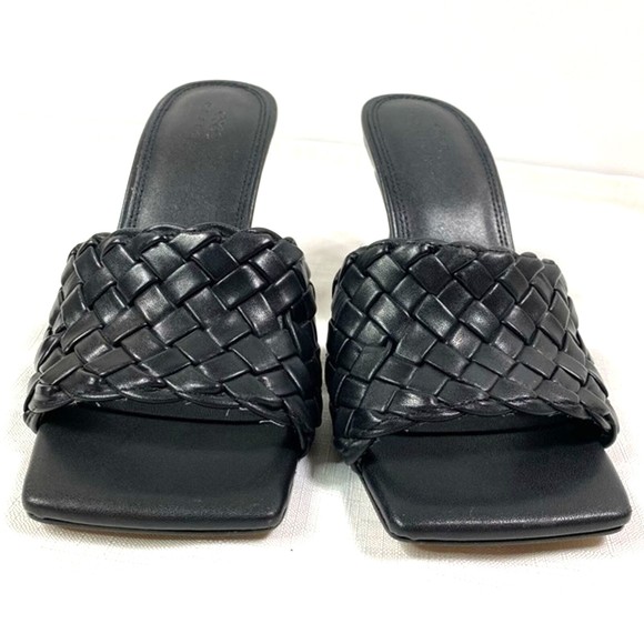 ASOS Basket Weave Peep Square Toe Black Slip On Mule Sandal Heel Size 7- New - Picture 1 of 8